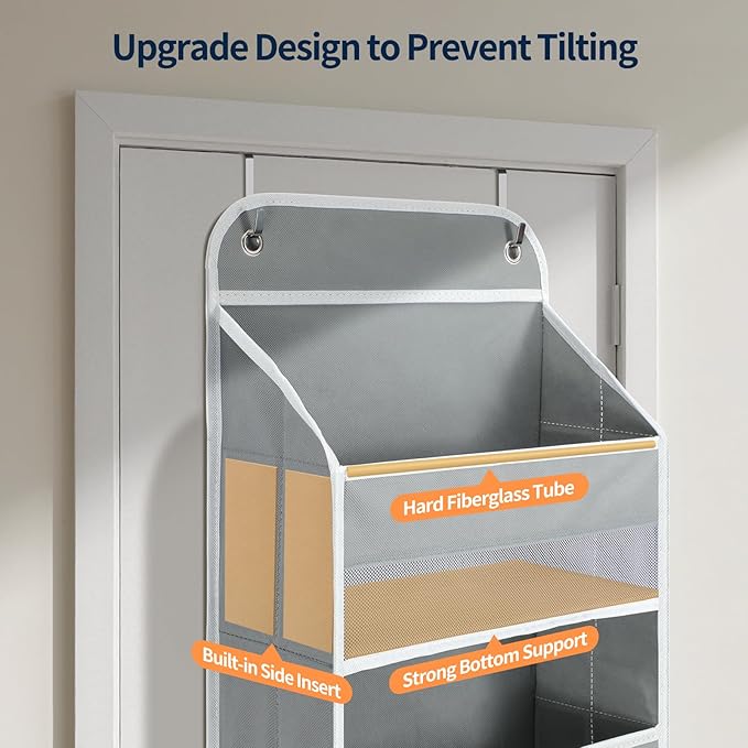 Yecaye Over The Door Organizer Storage, 5-Tier Heavy Duty Door Organizers Hanging with 10 Side Mesh Pockets, 44 lbs Load Capacity Behind Door Storage for Bathroom Nursery Bedroom Dorm Closet,Grey,1Pc