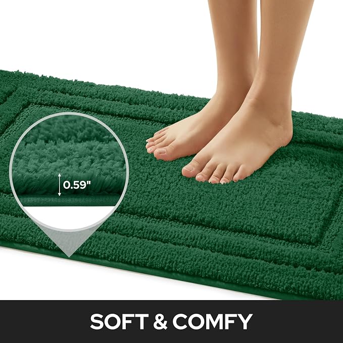 HOMEIDEAS Bathroom Rugs Sets 2 Piece, Super Soft and Absorbent Non Slip Microfiber Machine Washable Bath Mat Set (20" x 32" + 16" x 24", Dark Green)