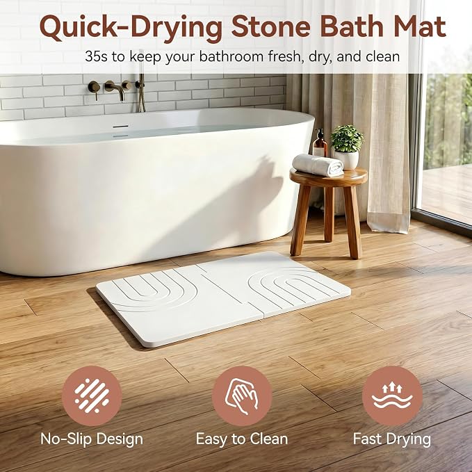 Luxspire Stone Bath Mat, Quick Drying Diatomaceous Earth Bath Mat for Bathroom, Large Bathroom Rug Non Slip, Water Absorbing Shower Pad, Stone Drying Pad for Kitchen Counter, 24 x 16 in, White