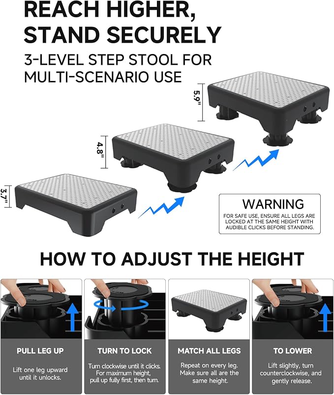Adjustable Step Stool for Adults, Bed Step Stools, 600 LBS Capacity Safety Wide Step Platform, Indoor and Outdoor Steps for Seniors, Non-Slip Stepping Stool Elderly Assistance, Grey