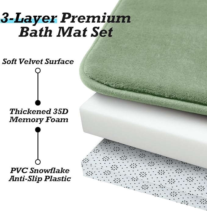 HUXMEYSON Bathroom Rugs Sets 3 Piece, Non-Slip & Quick Dry Bath Mat Set, Ultra Soft Velvet Bath Rugs for Bathroom, Toilet and Shower Floor, Grey Green