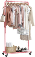Sakugi Clothes Rack - Clothing Rack with Storage Mesh Shelf & Casters, Heavy-Duty Metal Clothing Rack for Hanging Clothes, Dresses, Coats, Large Load Capacity, Easy Assembly, Pink, 28.0"x16.9"x59.0"