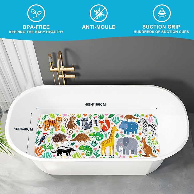 XIYUNTE Baby Bath Mat for Tub Non Slip Kids, BPA Free Extra Long Bathtub Mat 40x16 with Drain Holes and 200 Suction Cups, Non Toxic Machine Washable Toddler Bath Mat, Eco-Friendly Certified