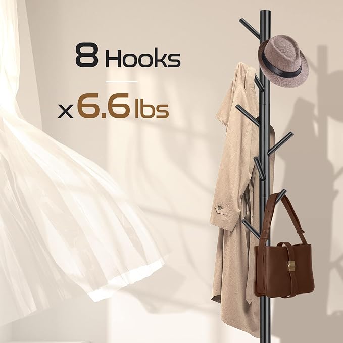 2 PC Wooden Coat Rack Freestanding with 8 Hooks & 3 Adjustable Sizes for Clothes, Space-Saving Design for Bedroom Office Entrance Holds Hats Coats Scarves Bags
