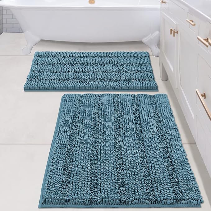 H.VERSAILTEX 2 Piece Bathroom Set - Super Absorbent Chenille Striped Bath Mats - Non Skid, Machine Washable - Turquoise Blue, 24 x 36 Plus 20 x 32 Inches