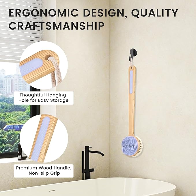 Back Scrubber for Shower - Double-Sided Silicone and Super-Dense Bristles for Deep Cleaning & Exfoliation, Bamboo Long Handle with Wider Anti-Slip Grip, Body Exfoliator for Wet or Dry Brushing