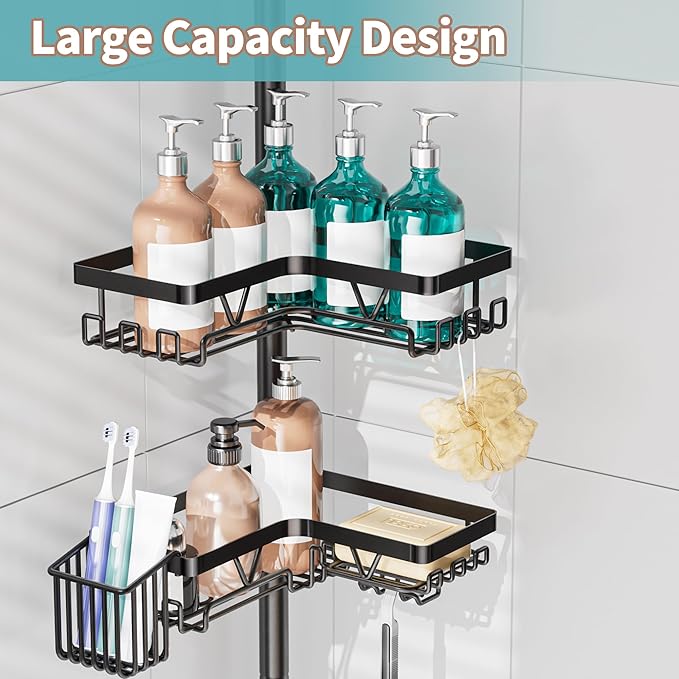 KEGII Shower Caddy Corner Tension Pole with Toothbrush Holder - Adjustable Corner Shower Organizer with Tooth Brush Holder, No Drilling Rustproof Bathroom Shelf Storage Rack, Fits 25-114.2 Inch