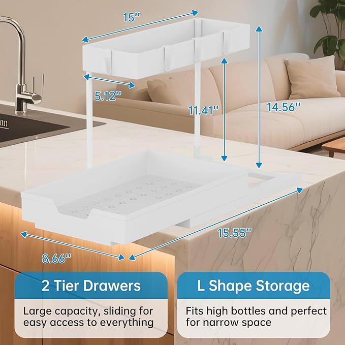 NATURE'S SOURCE 2-Tier Under Sink Organizers and Storage 2 Pack Sliding L-shape Under Cabinet Organizers For Narrow Space Multi-purpose Sink Organizer for Bathroom Kitchen Drawer(White 2 Pack)