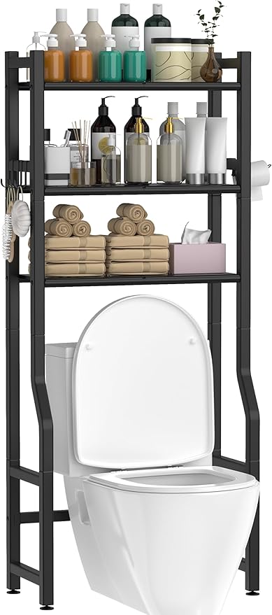 Livilord 3 Tier Over The Toilet Storage Rack with Toilet Paper Holder, Metal Freestanding Bathroom Shelves with 4 Hooks, Over Toilet Storage Shelf for Bathroom Storage, Black