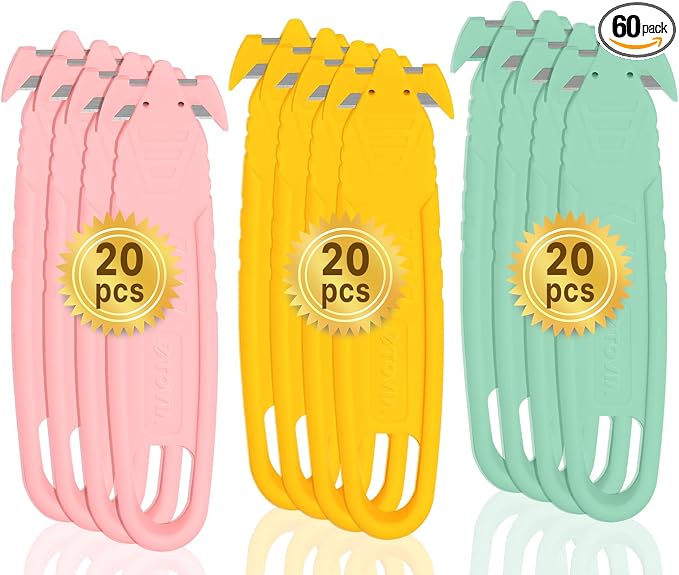 60 Pcs Safety Box Cutter T TOVIA Stainless Steel Concealed Blade Package Opener for Home, Factory, and Office (Assorted Colors)