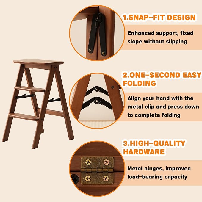 Baveke 3 Step Ladder Folding Step Stool, Wooden Step Stool Foldable, Folding Step Stools for Adults, Bamboo Kitchen Ladder, Three Stepladder for Library (Brown, FSC-Certified Bamboo)