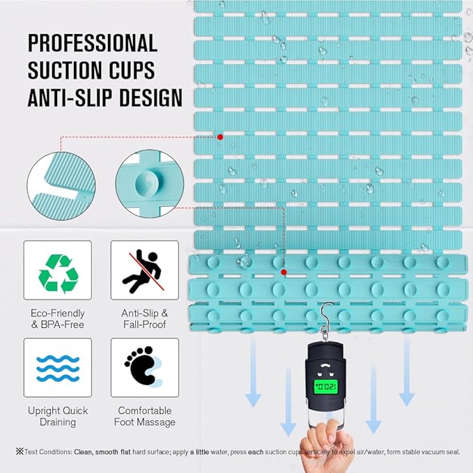 MBOSS Bath Tub Shower Mat Non Slip Bathtub Mats for Bathroom Shower Floor Mat Bath Mats for Shower Tub Anti Slip Shower Mat with Drain Hole and Large Suction Cups (Aqua Blue, 27.5 X 15.7 Inch)