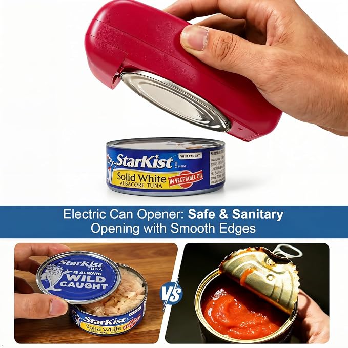 Electric Can Opener with LED Digital Display, USB Rechargeable, One-Touch Automatic, Hands-Free, Smooth Edge, Compact Cordless Opener for Seniors (Red)