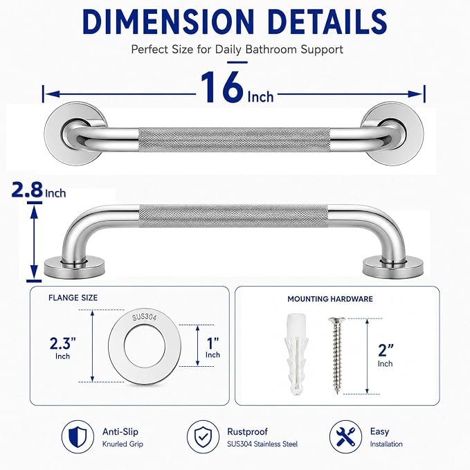 16 Inch Grab Bars for Shower,Chrome Anti Slip Grab Bar for Bathtubs Showers Toilet, Stainless Steel Safety Shower Grab Bar,Wall Mounted Shower Handle Handicap Bars for Senior Elderly