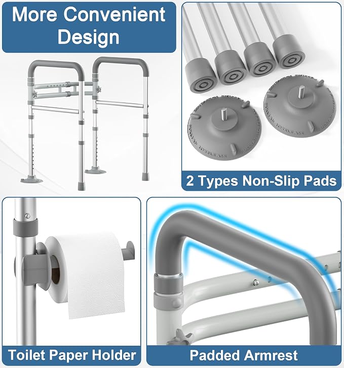Toilet Safety Rails for Seniors (350 LBS), Adjustable Toilet Safety Frame for Elderly and Disabled, Foldable Handicap Toilet Assistance Rail Fits Most Toilets, Gray