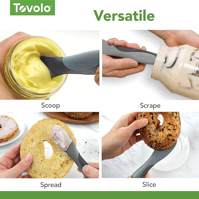 Tovolo Mini Scoop and Spread Tool for Kitchen Meal Prep Small Sandwich Spreader Spatula for Peanut Butter Jelly, Silicone BPA Free Dishwasher Safe Scooper Spreader, Charcoal and Oyster Gray
