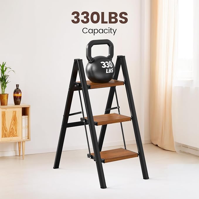HBTower Step Ladder,Lightweight Aluminum Folding Step Stool with Anti-Slip Wide Pedal,330lbs Capacity Step Ladder for Household,Kitchen,Office - BlackWoodgrain
