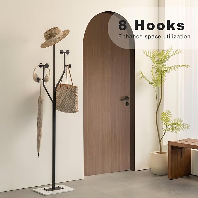 JIAYUEJU Heavy Duty Coat Rack Tree-shaped Metal Freestanding Coat Tree with Sturdy Marble Base Corner Coat Rack for Bedroom Entryway Hallway 14.96 x 10.24 x 68.9 Inches (Black)