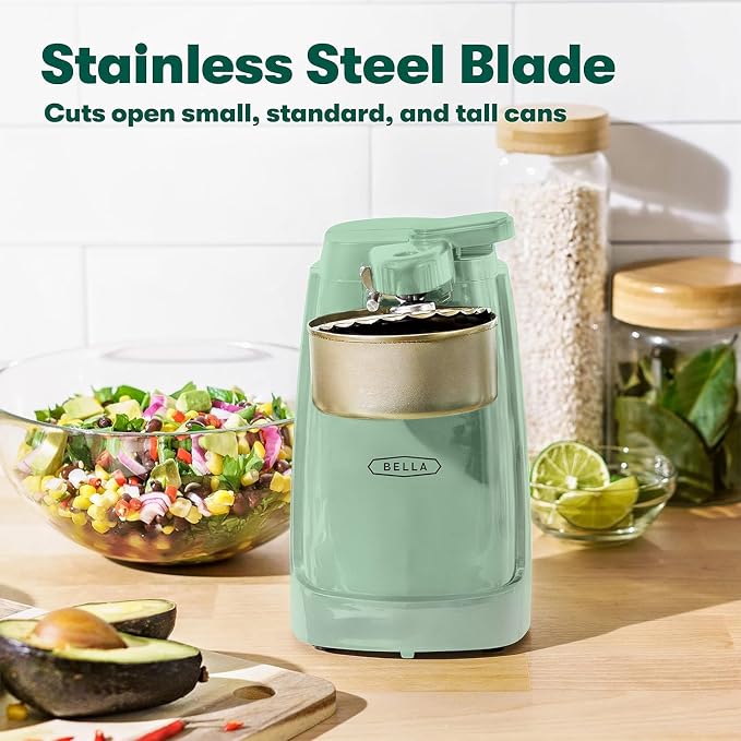 bella Electric Can Opener and Knife Sharpener, Removable Cutting Lever, Cord Storage, Stainless Steel Blade, Sage