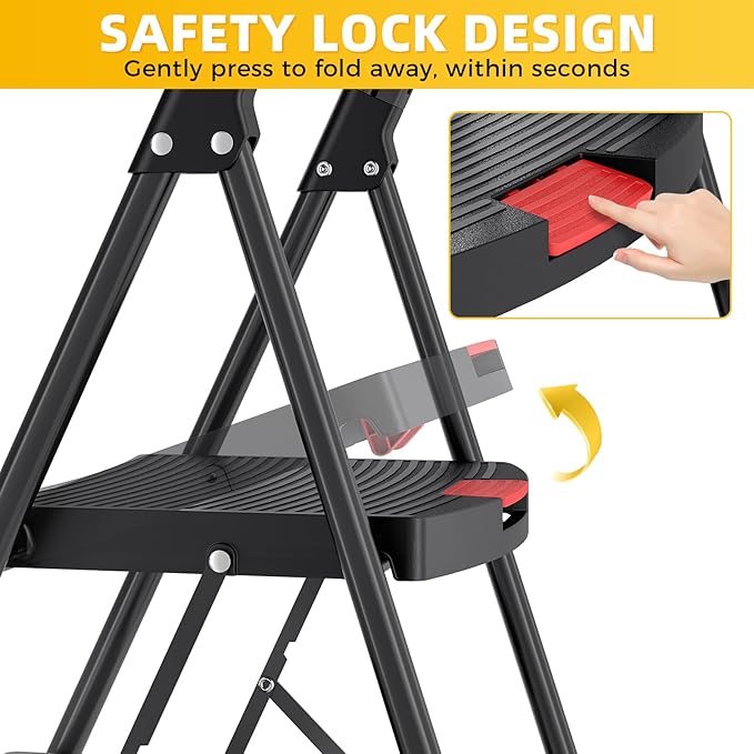 TOOLF 4 Step Ladder Folding Step Stool, Heavy Duty Steel Ladder with Tool Tray, Anti-Slip Wide Pedal, Portable Step Ladder for Home Kitchen Garage, 800 lbs Capacity, Black