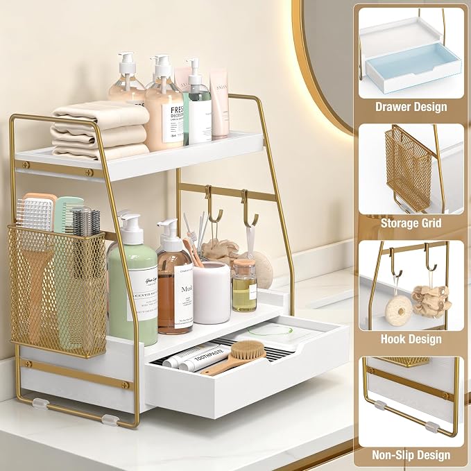 2-Tier Bathroom Counter Organizer with Drawer and Removable Basket, Wood Vanity Countertop Storage for Perfume, Makeup, Skincare, Bathroom Counter Shelf, 13" x 7.9" x 14.5", White Gold