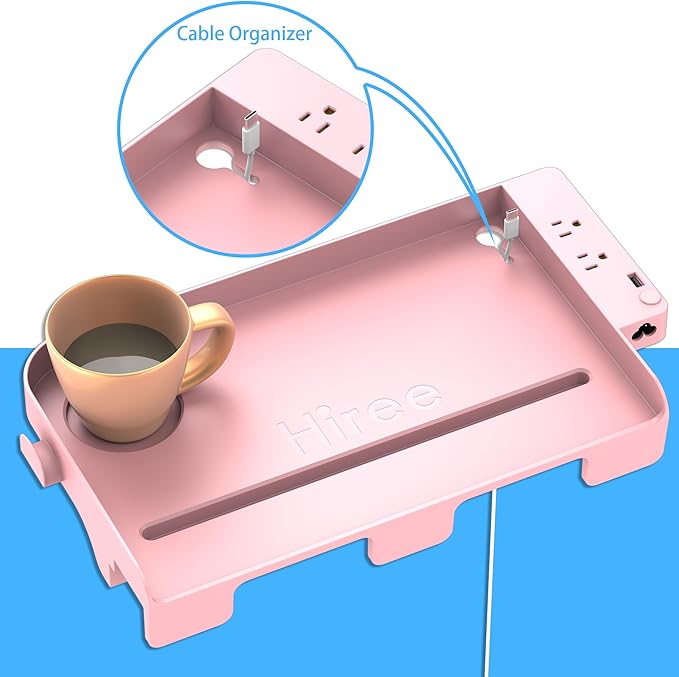 Hiree Bedside Shelf for Dorm Bunk Bed with USB Charging Port and 2 AC Outlets, Bed Side Table Tray Organizer, College Dorm Essential, Clip On Bedside Tray, Cool Teen Girls Trendy Stuff (Pink)