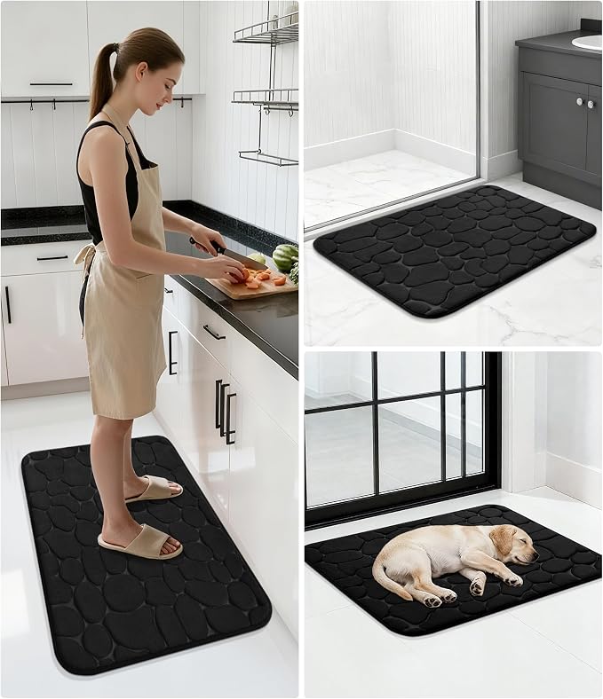 YIHOUSE Memory Foam Bath Mat Cobblestone Bathroom Rugs Super Water Absorbent Bath Mats for Bathroom Machine Washable Bath Rugs(20x32,Black)