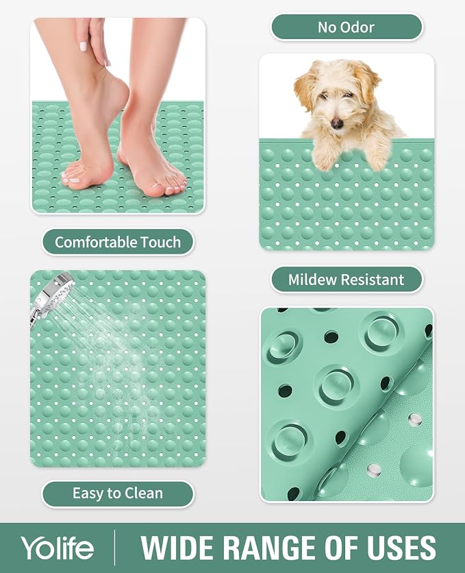 Yolife Extra Large TPE Shower Mat, 47.2" L x 31.5" W Anti Slip Bath Mat with Drain Holes and Suction Cups, Large Size Mat More Suitable for Shower Stall, No Odor, Heavy Mat (Green, 47.2" x 31.5")