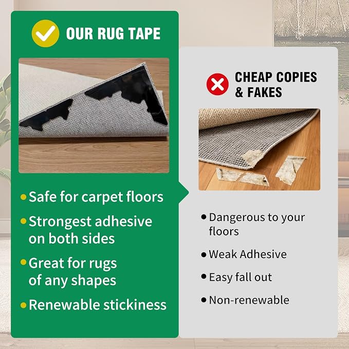 24 Pcs Large Non Slip Rug Pads Carpet Tape for Hardwood & Tile,No Residue | Reusable Extra Thick Double Sided Adhesive,Secures Area Rug Corners,Fits Laminate Carpet Floors,Rug Stickers,No Damage