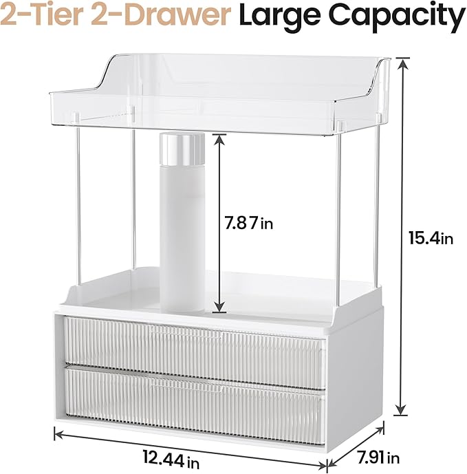 Delamu Bathroom Organizers and Storage, 2 Tier 2 Drawer Makeup Organizer Countertop, Easy to Install, Ideal for Bathroom Counter, Vanity, Ideal for Women Girls, Clear 2Pack