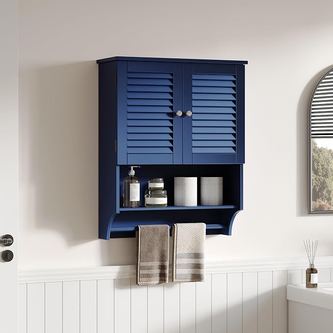 ChooChoo Bathroom Wall Cabinet with Towels Bar, 23.6" L x7.9 W x27.5 H MDF Material Medicine Cabinet, 2 Doors Over The Toilet Space Saver Storage Cabinet with Large Space, Navy Blue