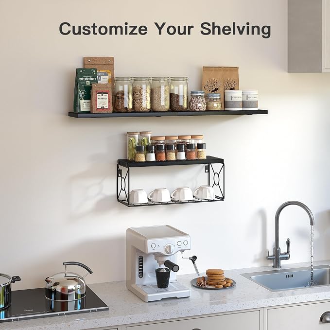 Amada Bathroom Shelves Over Toilet with Storage Basket, Floating Wall Shelf for Home Organization & Wall Decor, Bathroom/Kitchen/Living Room Shelves–Black