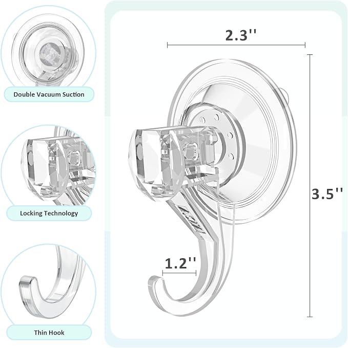 VIS'V Shower Suction Cup Hooks, Removable and Reusable, Clear, Small, 6 Pcs | Clear Invisible Design, Locking Suction Technology, Dual Vacuum Suction, Heavy Duty, Fits for Smooth Flat Surfaces