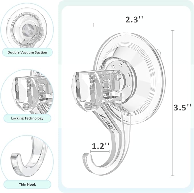 VIS'V Shower Suction Cup Hooks, Removable and Reusable, Clear, Small, 4 Pcs | Clear Invisible Design, Locking Suction Technology, Dual Vacuum Suction, Heavy Duty, Fits for Smooth Flat Surfaces
