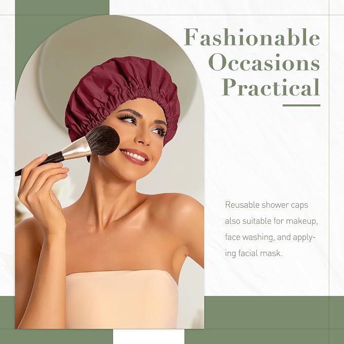 Reusable Shower Cap for Women, Large Waterproof Shower Bonnet with Elastic Band, Washable Bath Hair Cap for Long, Curly Hair, Braids, Daily Shower, Home Spa, Travel(Burgundy)