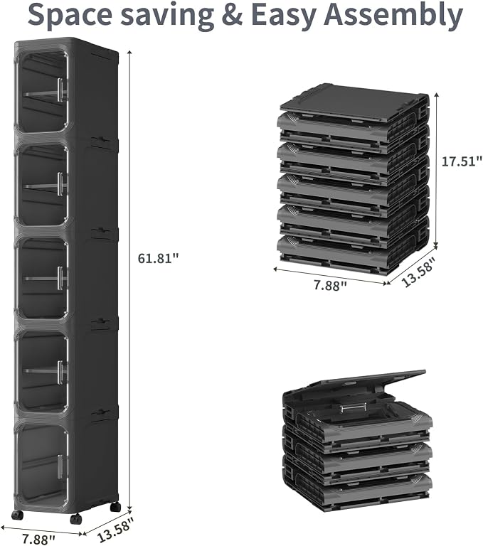 5-Tiers Slim Bathroom Storage Cabinet, Foldable Storage Cabinets,Narrow Bathroom Storage,Movable Bathroom Storage Organizer for Small Spaces,Bathroom,Kitchen,Laundry, Black