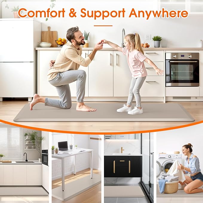 TranquilRelax Kitchen Mat, Cushioned Thick Floor Comfort Mat, with Non-Slip Bottom, Waterproof & Stain Resistant & Easy Clean, Standing Desk Mat for Kitchen, Sink, Office (17.3''x60'', Khaki)