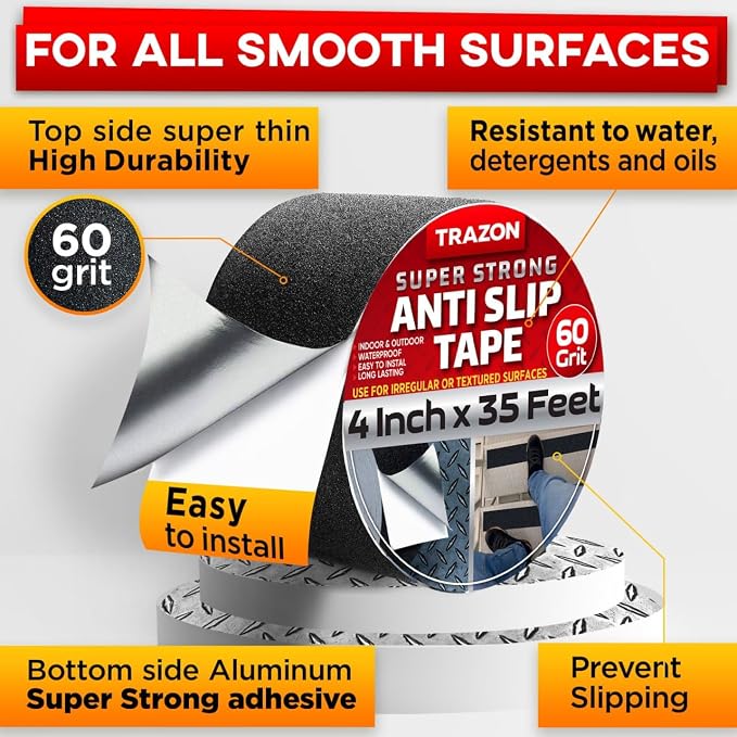 Trazon Grip Tape - Heavy Duty Anti Slip Tape with Aggresive Adhesion for Irregular or Textured Surfaces Outdoor/Indoor Waterproof 4Inch x 35Ft Safety Non Skid Roll