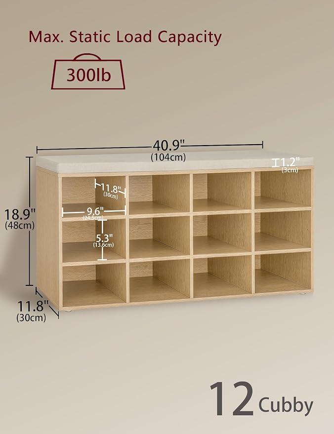 DINZI LVJ Shoe Storage Bench with Cushion, 12-Cubby Shoe Rack, Adjustable Shelves, 40.9" Long Shoe Organizer Bench for Entryway, Mudroom, Hallway, Garage, Natural and Cappuccino Beige