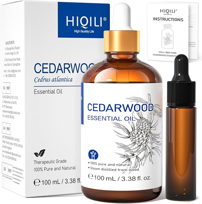 HIQILI Cedarwood Essential Oil (3.38 Fl Oz), 100% Natural Therapeutic Grade, Premium Glass Dropper, for Hair & Skin Care, Soap Making, Add to Diffusers, Sprays