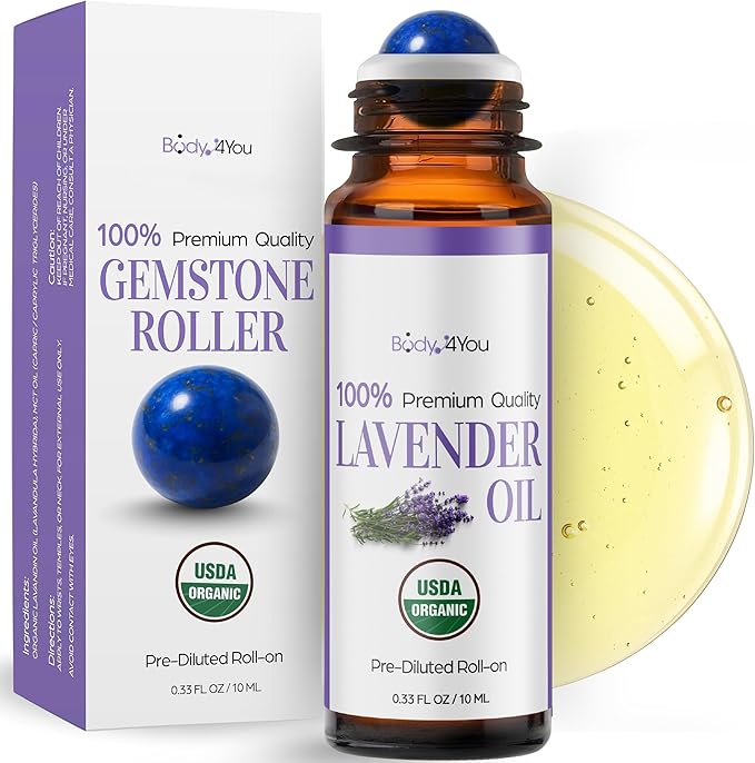 Lavender Essential Oil Roll On for Sleep Anxiety Stress Relief - 100% Pure USDA Organic Pre-Diluted MCT Coconut Oil - Calming Relaxing Bedtime Aromatherapy Yoga - Gemstone Roller 10ml Travel Size