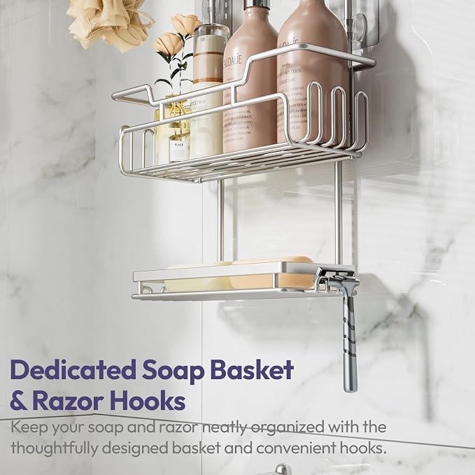 SWTYMIKI Bathroom Shower Caddy Hanging - 3 Tier Rustproof Over Shower Head Organizer, No Drilling Bathroom Shelf with 16 Hooks & Soap Holder, Anti-Swing Rack, Sand Nickel
