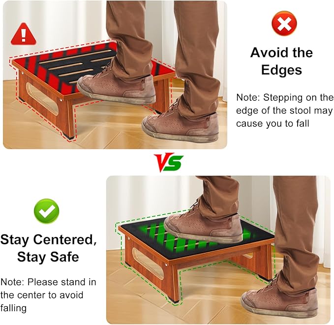 One Step Stool for Adults Seniors with Non-Slip Rubber Stepping Surface, Heavy Duty Wooden Step Stool with 450 LBS Capacity Bed Steps for High Beds, Bathroom, Bedroom, Kitchen & Kids Bedside Support