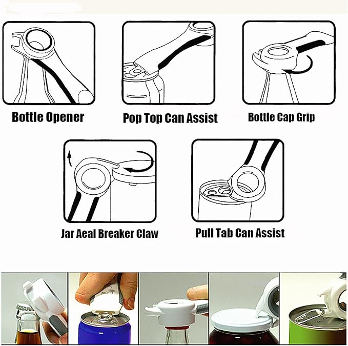 5 in 1 Lids off Jar Opener, Bottle Opener, Ideal For Women, Kids, Seniors - for Multipurpose Kitchen Tool, Easy open. White