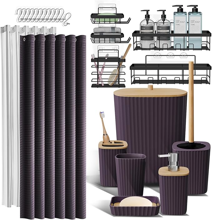 Clara Clark Bathroom Accessories Set - Bathroom Set with Adhesive Corner Shower Caddy Hanging, 25PC Bathroom Accessory Set, Purple Shower Curtain Set, Toilet Brush, Trash Can & Soap Dispenser