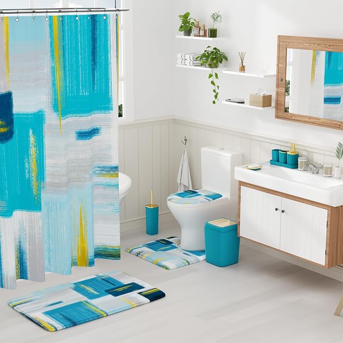 XLHOMO Bathroom Set - Teal Blue Bathroom Accessories Set, Bathroom Sets with Shower Curtain and Rugs, Teal Blue Shower Curtain Set with Bathroom Trash Can, Soap Dispenser, Soap Dish for Home Decor