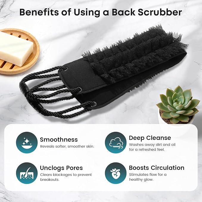 eaxun Back Scrubber with Handles for Shower, Wider 40 Inches Dual-Sided Back Washer with Exfoliating Texture and Loofah for Men, Women and Elderly, Bath Back Exfoliator Body Cleaner for Deep Cleansing