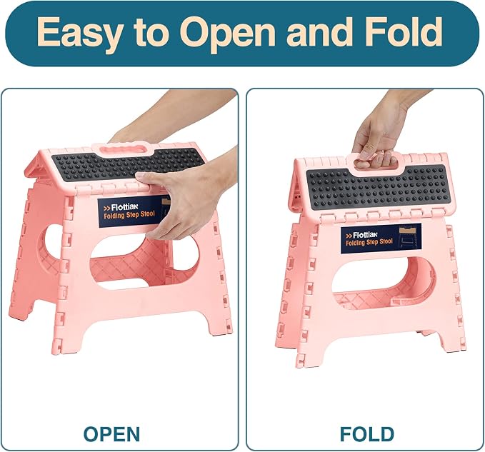 Flottian 11" Folding Step Stool for Adults and Kids Holds Up to 300 lbs,Non-Slip Folding Stools with Portable Handle, Compact Plastic Foldable Step Stool for Bathroom,Bedroom, Kitchen Sakura Pink