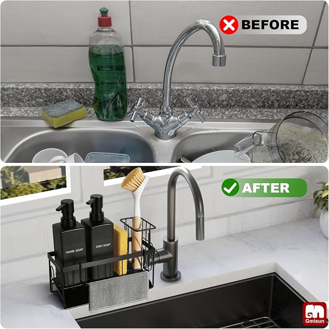 GMISUN Dish Soap Dispenser, 12 fl oz / 350 ml Dual Kitchen Soap Dispensers with Sponge Holder, Customized Matte Black Kitchen Soap Dispenser Set, Modern Hand and Dish Soap Bottle Set Removable
