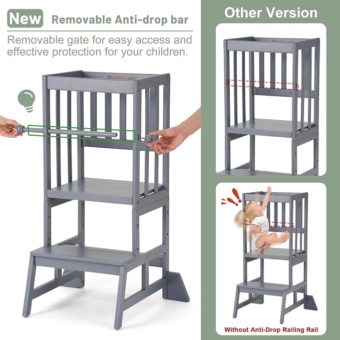 COSYLAND Toddler Standing Tower - Adjustable Height Toddler Kitchen Stool Helper - Kids Kitchen Step Stool for Learning with Removable Safety Railing Ash Gray